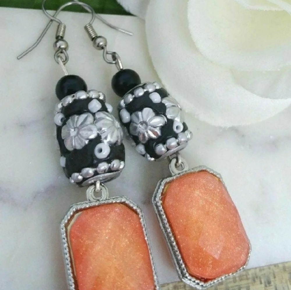 Handmade Pink, Black and White Bead Earrings.